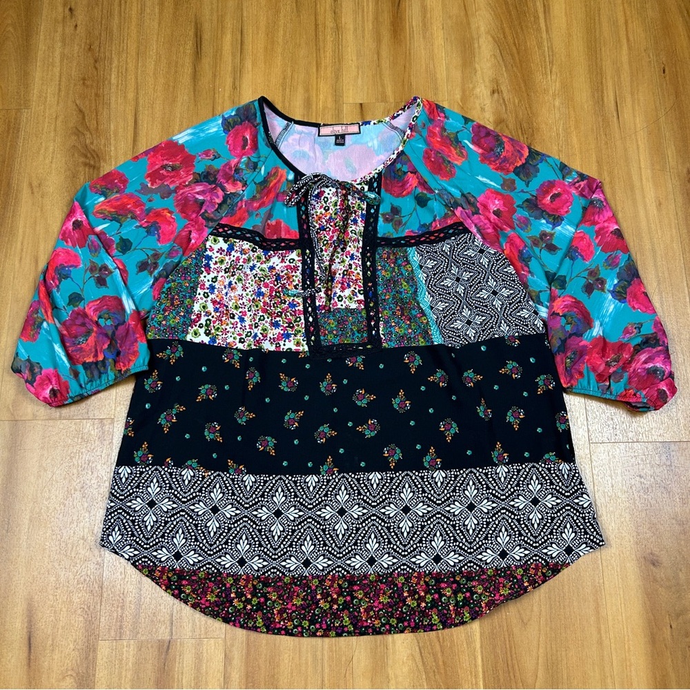 Olive Hill Boho Floral Patchwork Blouse L Colorful Peasant Top Chic‎
